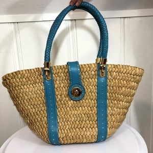 Michael Kors Basketweave Blue Leather Trim Satchel